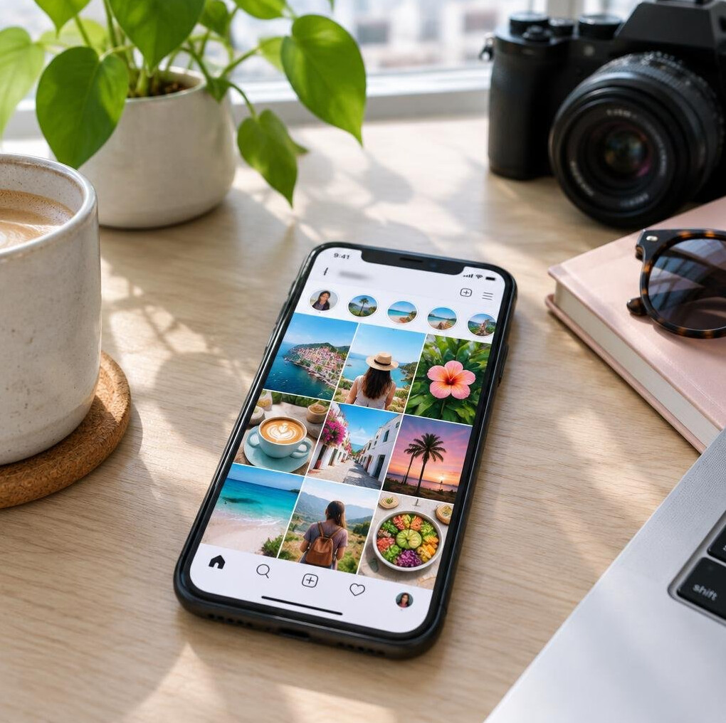 Smartphone showing a social media feed on a desk