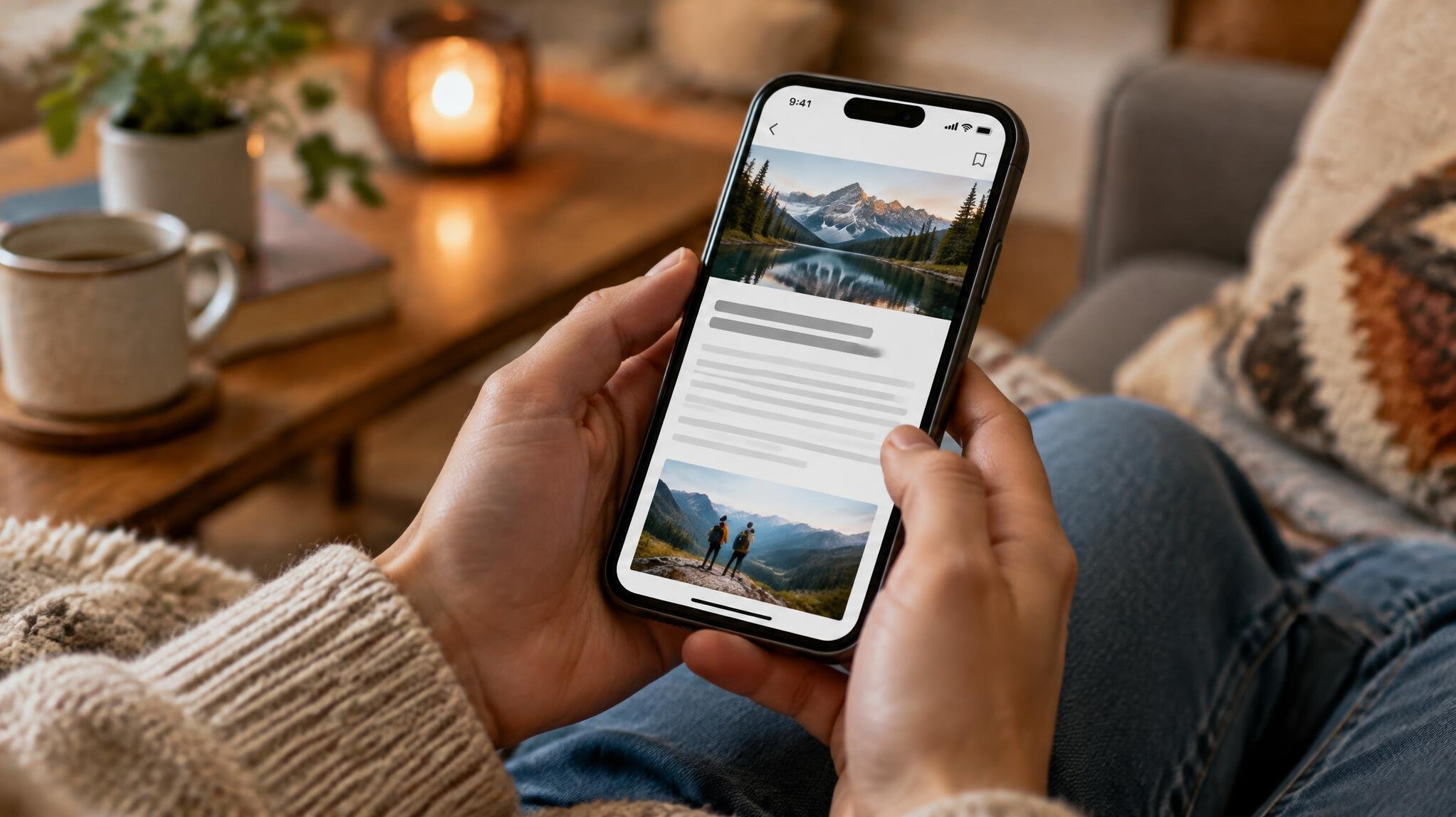Hands holding a smartphone reading content
